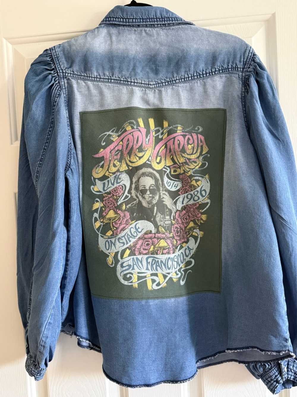 Custom Upcycled Jerry Garcia Graphic Tee On A Flowy Denim Shirt size XL OOAK - Picture 2 of 7